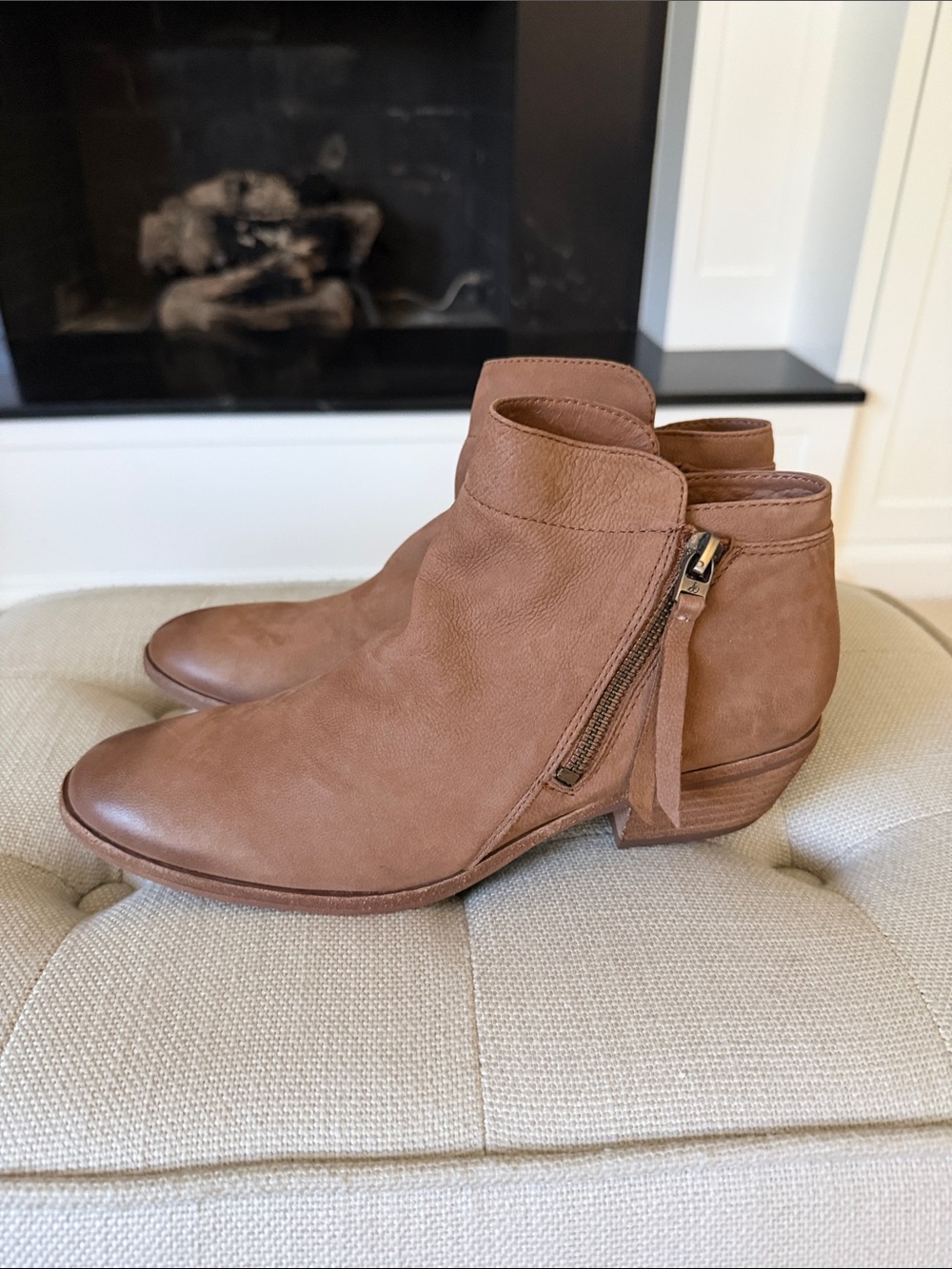 Sam Edelman Chestnut Leather Ankle Booties with Side Zip Tassel